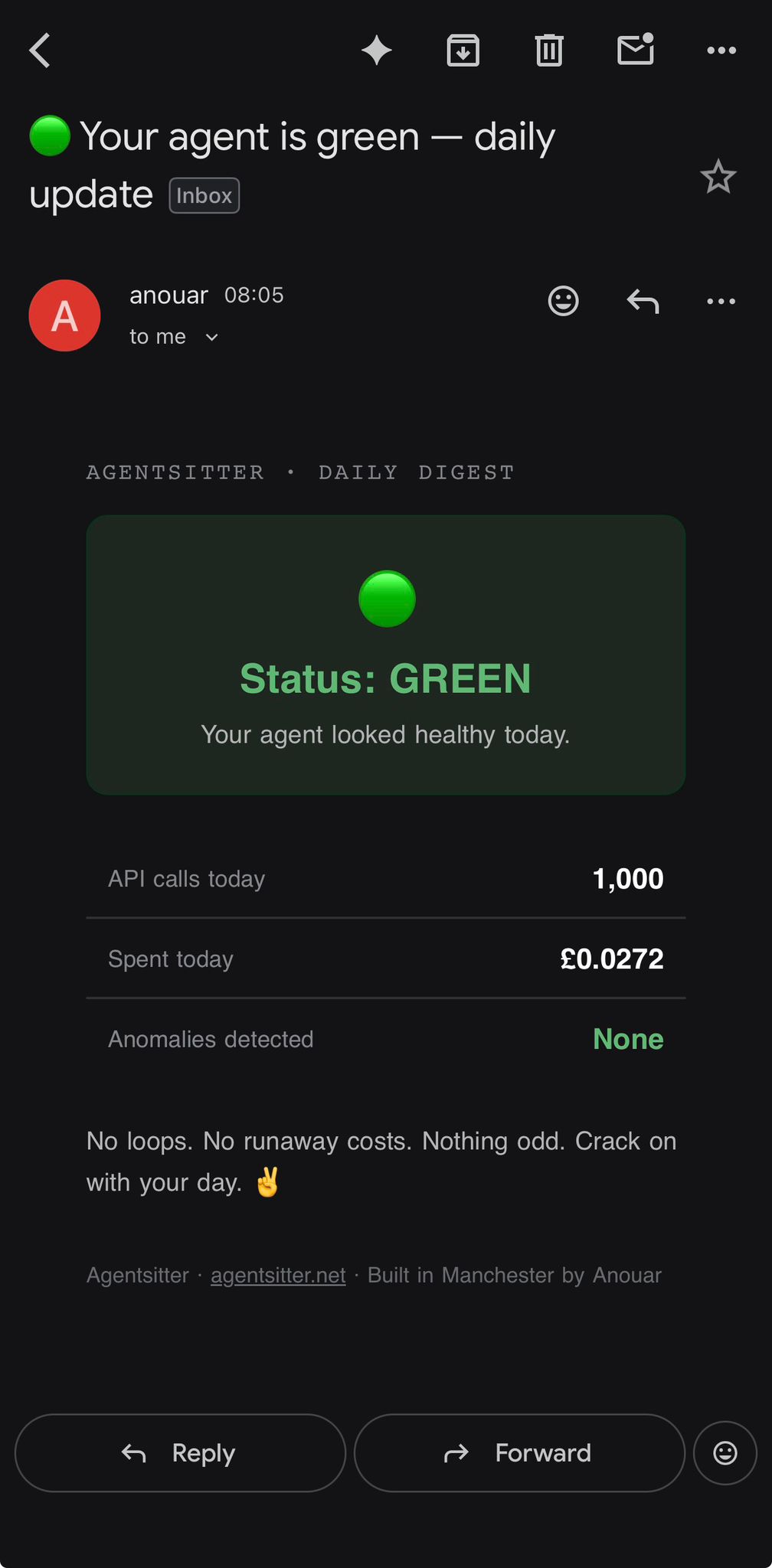 Agentsitter daily digest email showing Status GREEN, 1000 API calls, £0.0272 spend, no anomalies